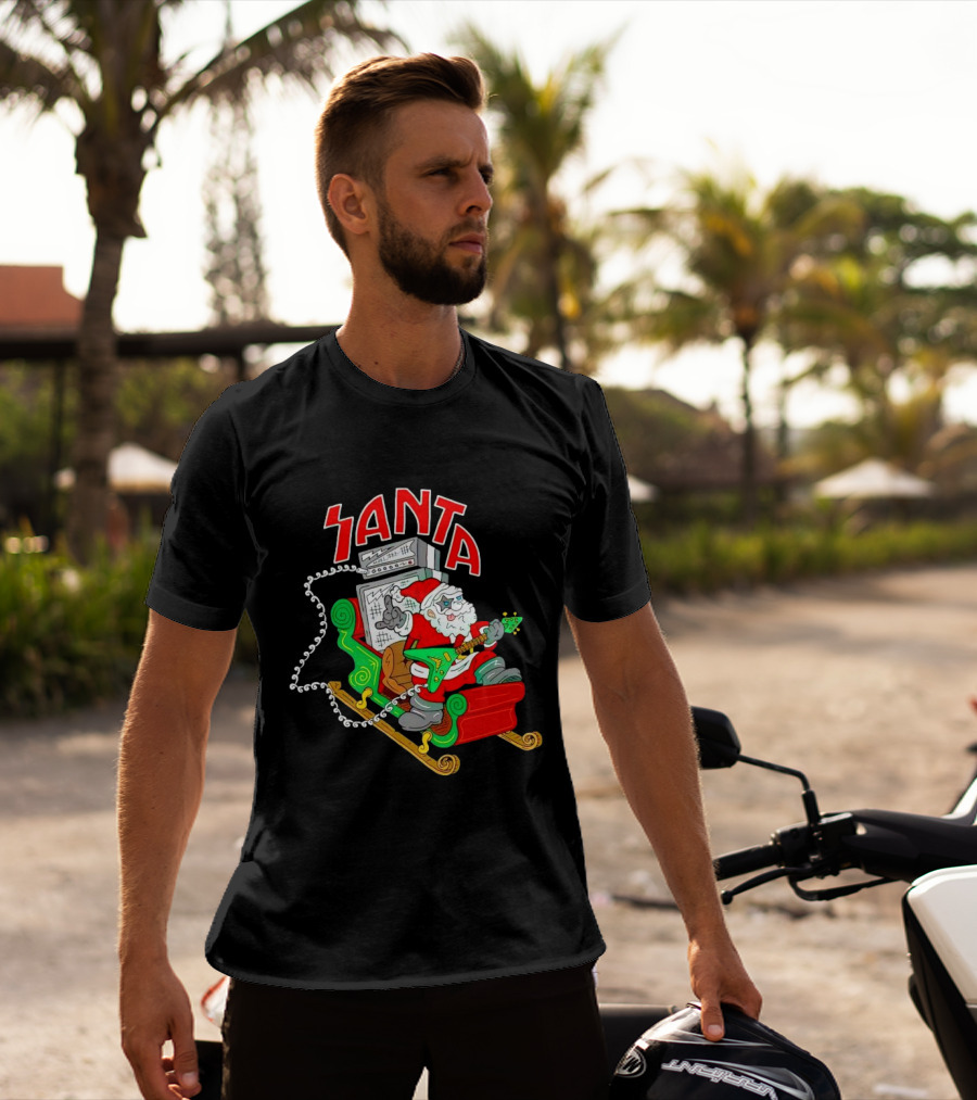 Santa Rocks Sleigh With Guitar And Amps Christmas T-Shirt