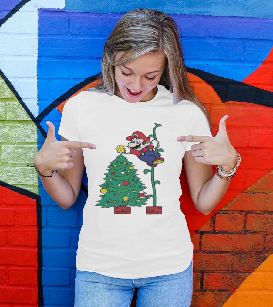 Super Mario Decorating Christmas Tree With Power-Up Star And Brick Blocks T-Shirt