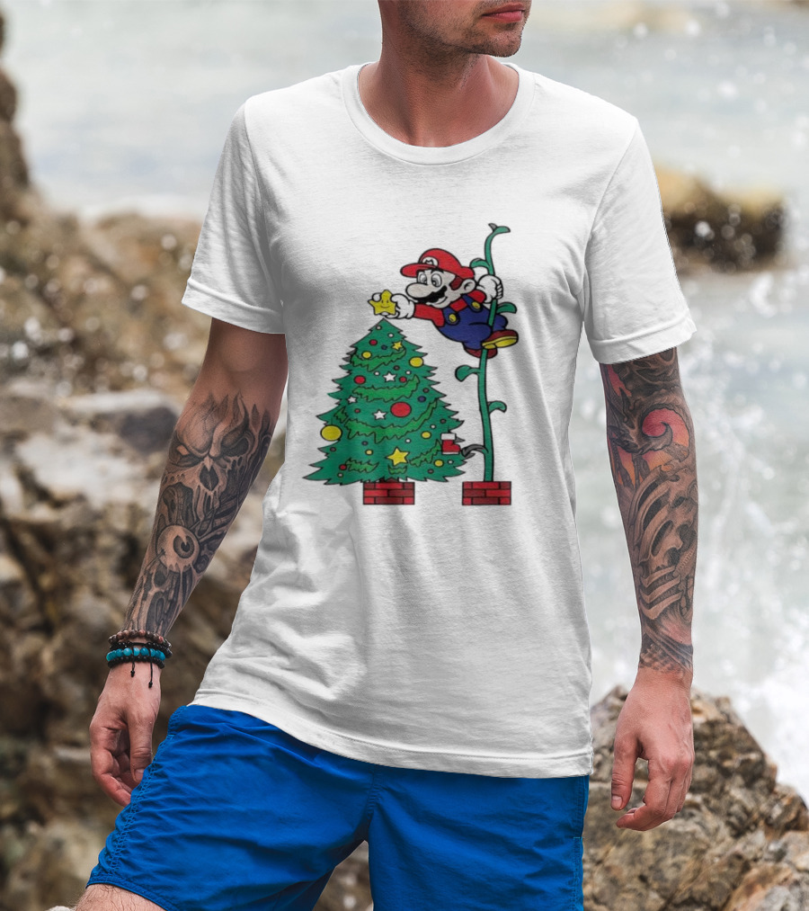 Super Mario Decorating Christmas Tree With Power-Up Star And Brick Blocks T-Shirt