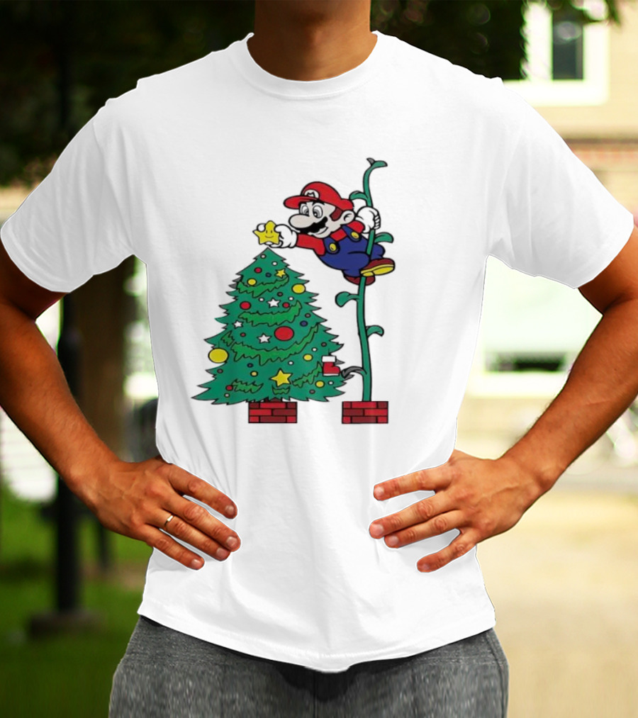 Super Mario Decorating Christmas Tree With Power-Up Star And Brick Blocks T-Shirt