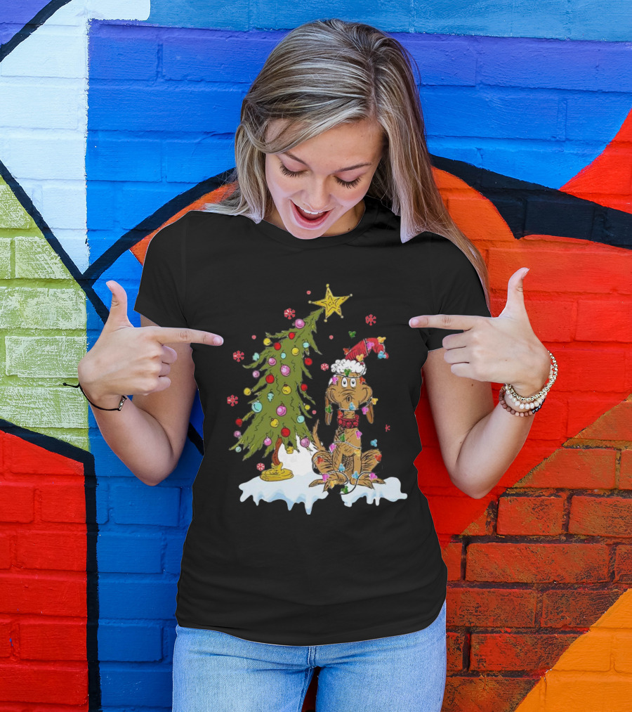 Christmas Max Dog Wrapped In Lights With Grinch Tree Scene T-Shirt