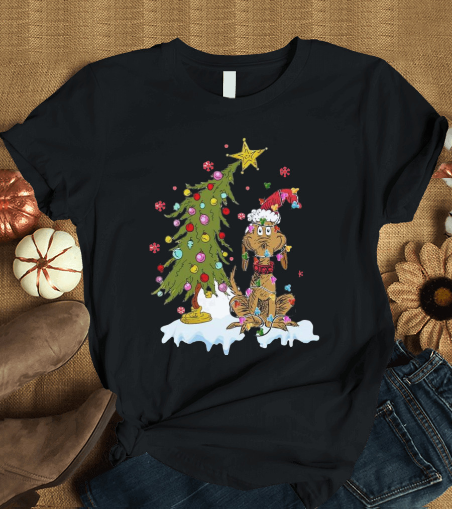 Christmas Max Dog Wrapped In Lights With Grinch Tree Scene T-Shirt