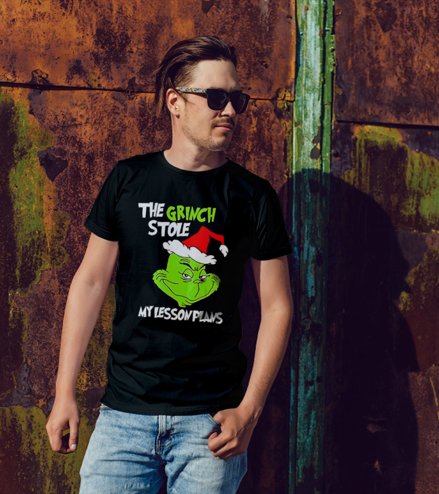 The Grinch Stole My Lesson Plans Christmas Red Hat Green Face T-Shirt
