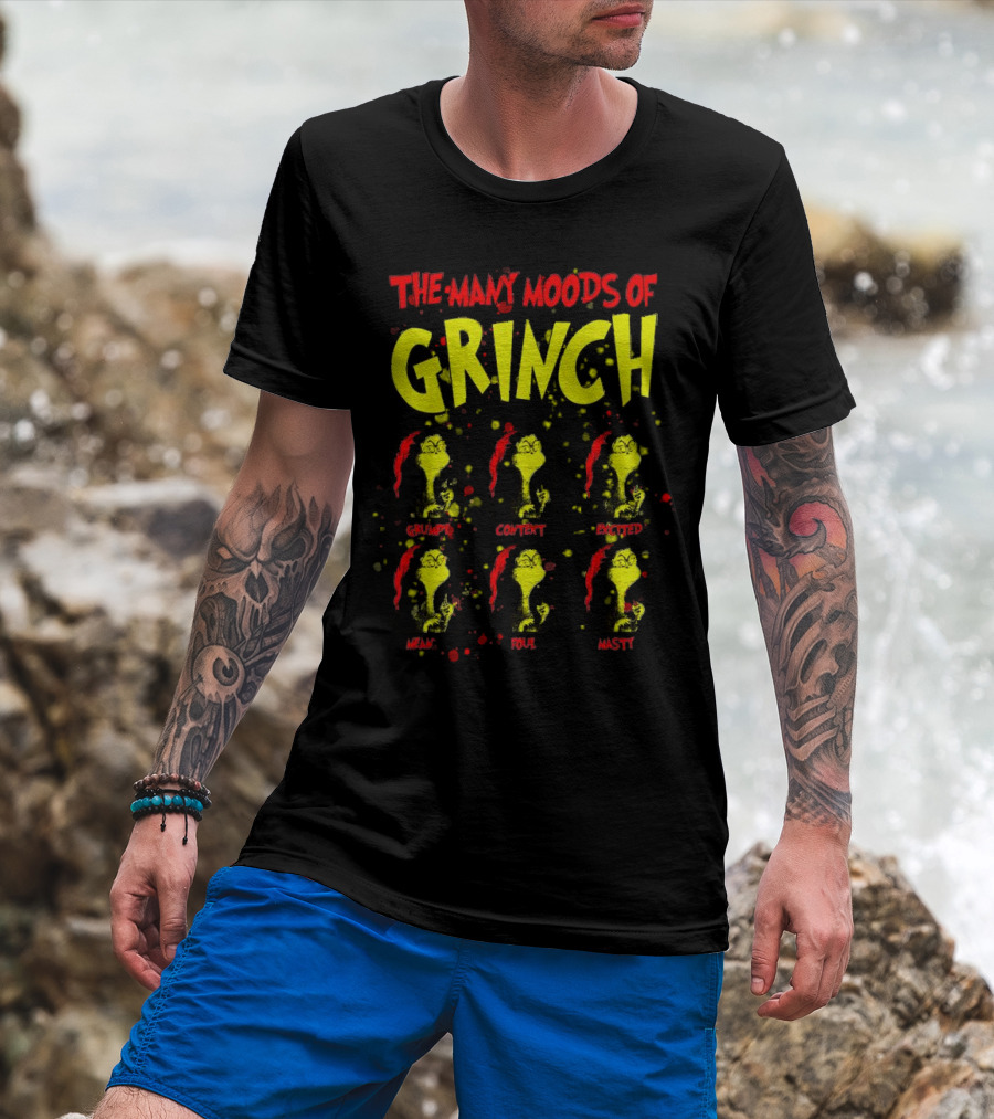 The Many Moods Of Grinch Grumpy Content Excited Mean Sour Nasty Merry Christmas T-Shirt