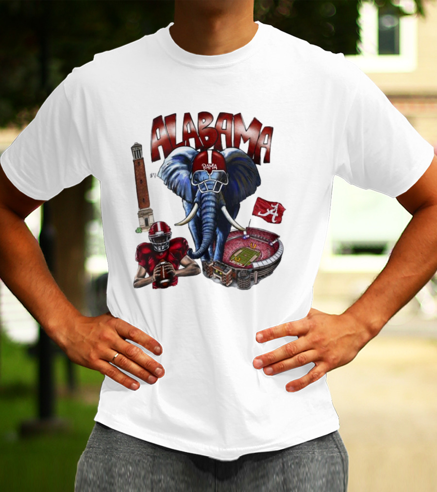 Alabama Crimson Tide Football Elephant Stadium Football Player Old Main Tower Bama T-Shirt