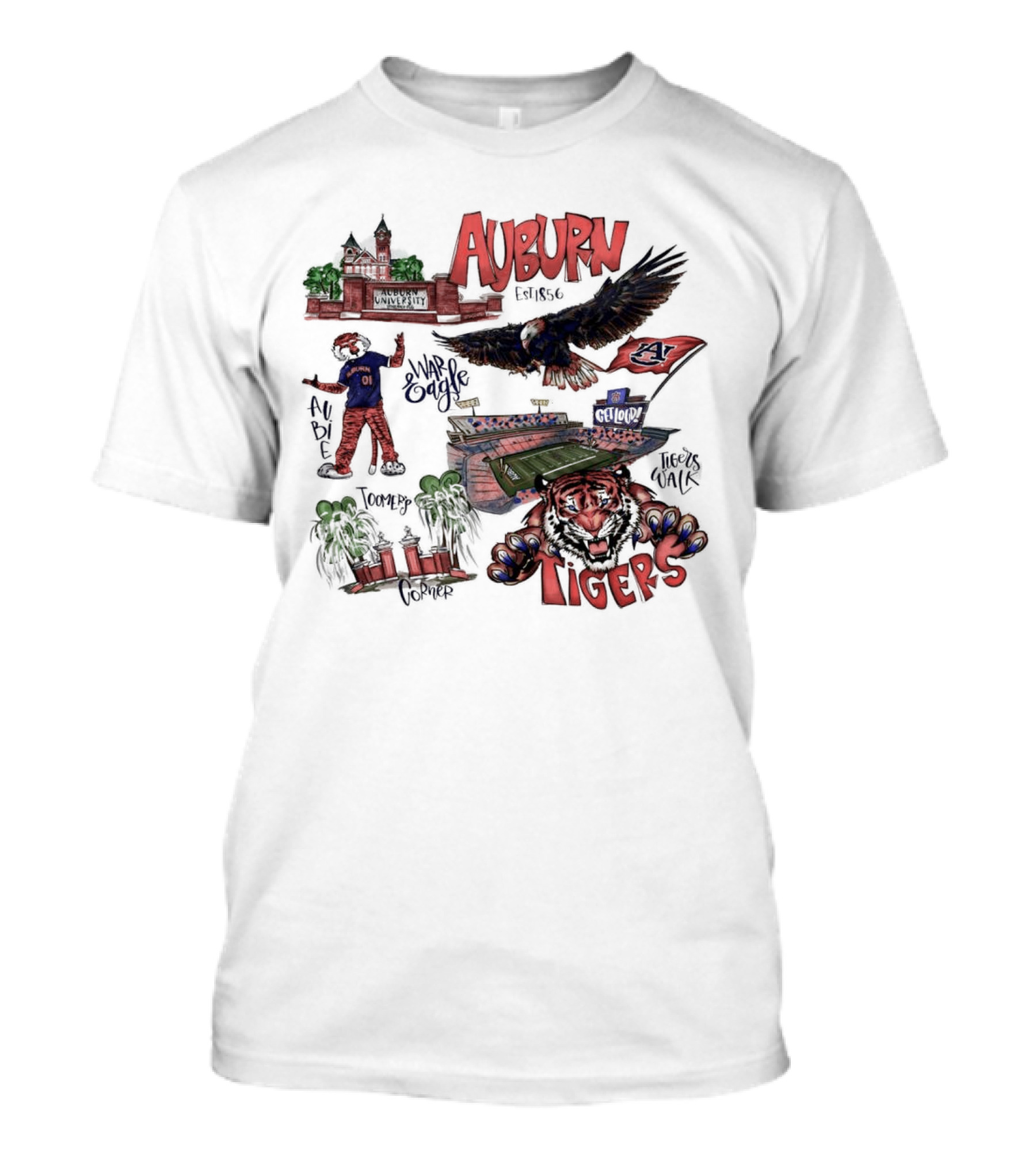 Auburn Tigers Toomer's Corner War Eagle Aubie Mascot Est 1856 Football Stadium T-Shirt