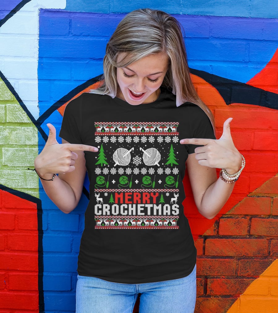 Merry Crochetmas Christmas Yarn Balls Snowflakes Trees Reindeer T-Shirt