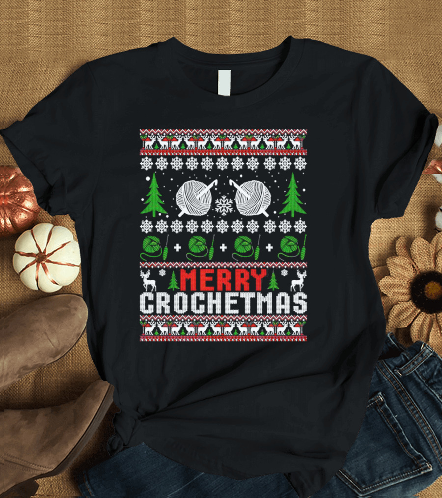 Merry Crochetmas Christmas Yarn Balls Snowflakes Trees Reindeer T-Shirt