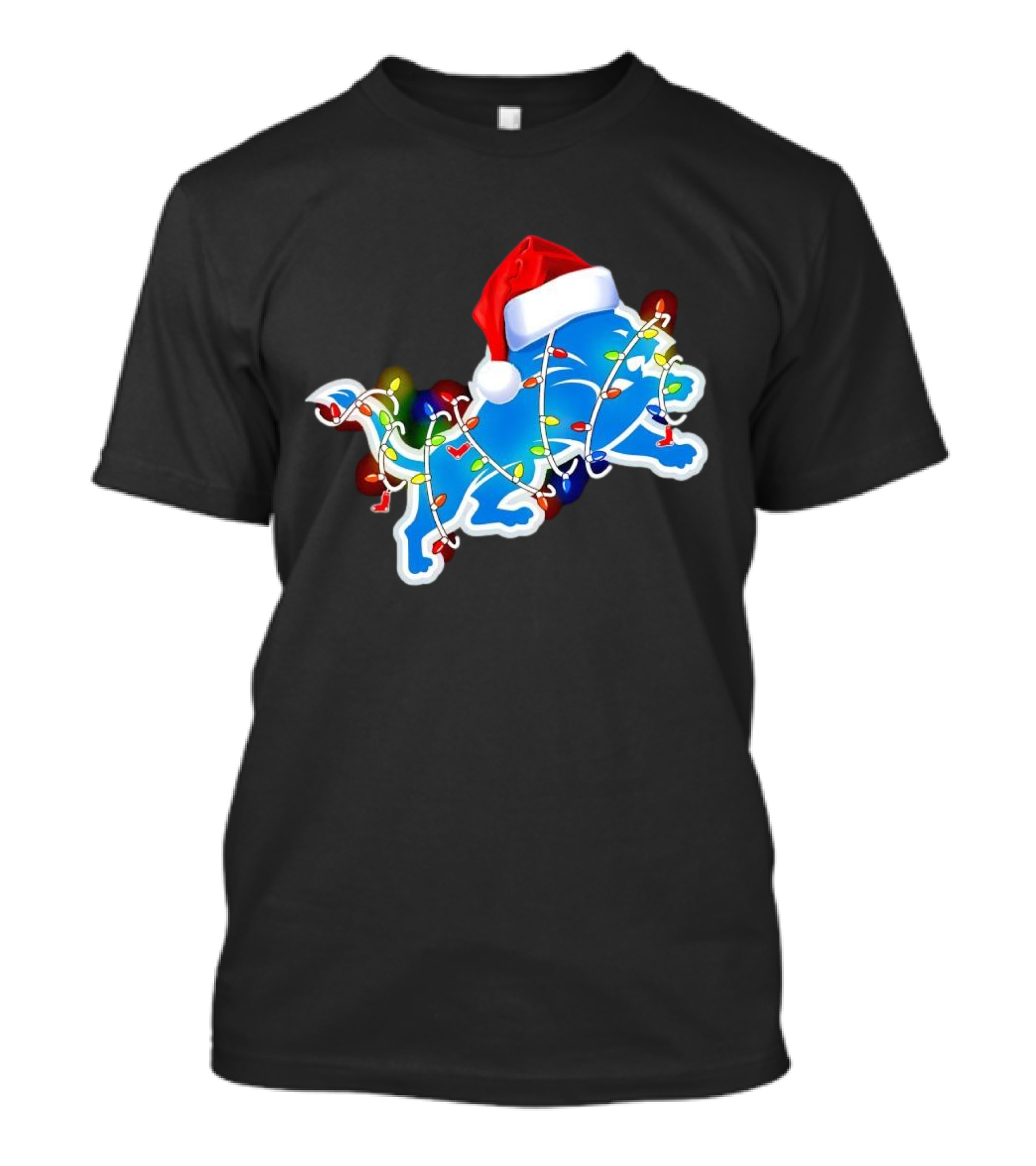 Detroit Lions Christmas Lights Santa Hat Holiday Football T-Shirt