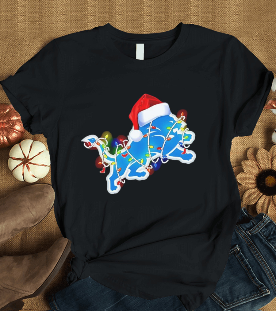Detroit Lions Christmas Lights Santa Hat Holiday Football T-Shirt