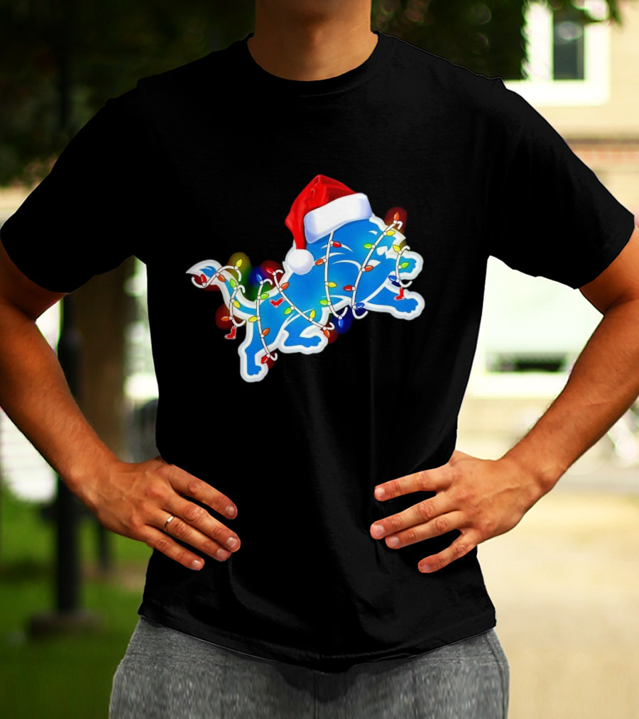 Detroit Lions Christmas Lights Santa Hat Holiday Football T-Shirt