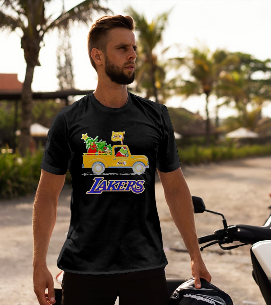 Grinch Driving Los Angeles Lakers Truck With Christmas Tree T-Shirt