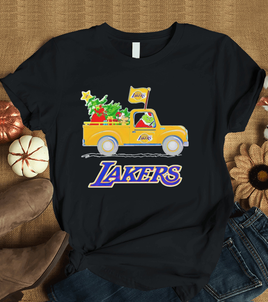 Grinch Driving Los Angeles Lakers Truck With Christmas Tree T-Shirt