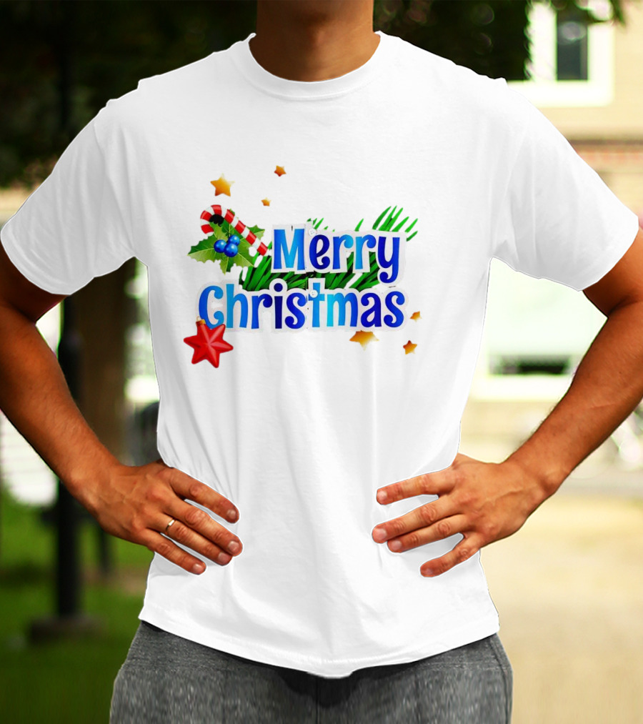 Merry Christmas Candy Cane Holly Pine Red Star T-Shirt
