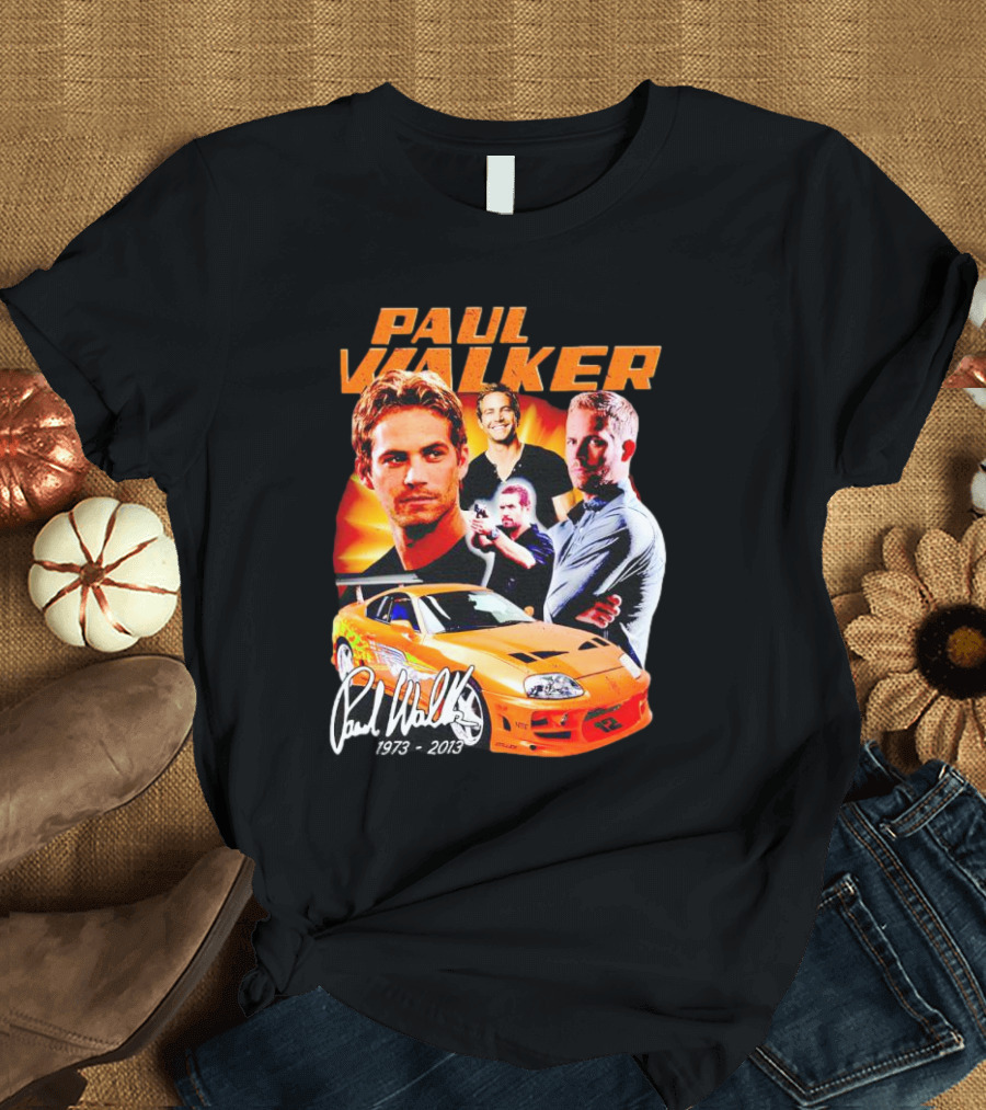 Paul Walker 1973-2013 Collage Signature Orange Car T-Shirt