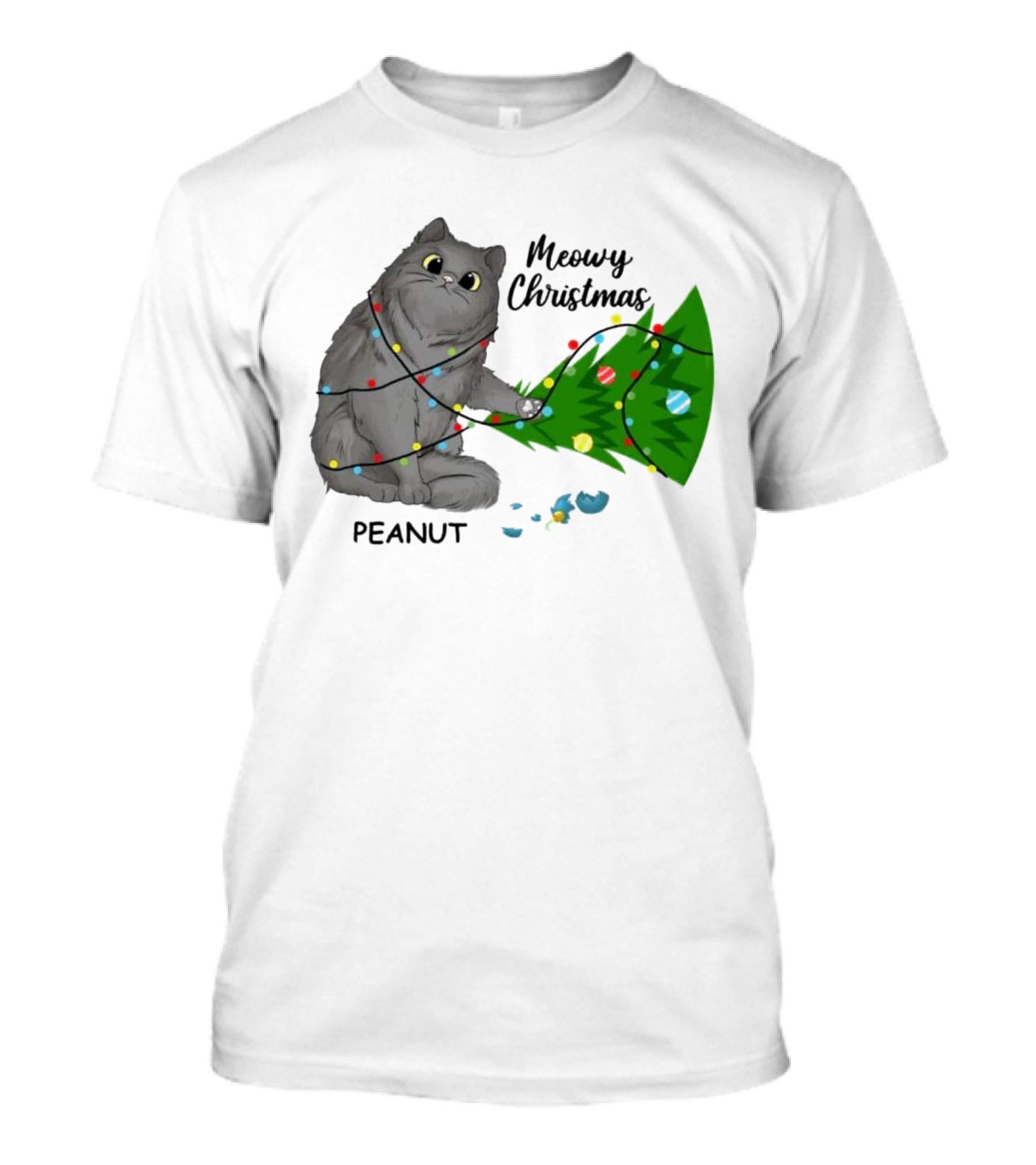 Meowy Christmas Cat Wrapped In Lights With Custom Name Peanut T-Shirt