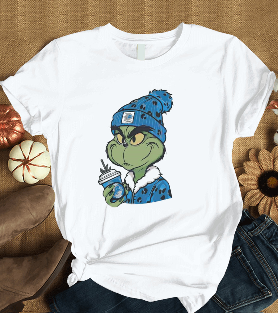 Grinch Wearing Detroit Lions Winter Outfit Holding Drink Christmas T-Shirt