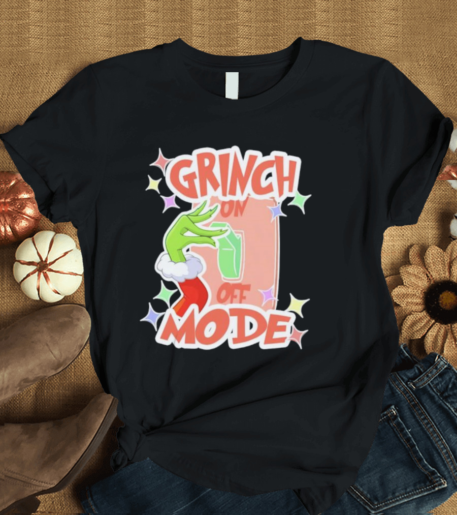 Grinch On Off Mode Green Furry Hand Lightswitch Stars T-Shirt