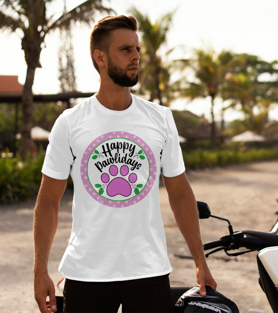 Happy Pawlidays Pink Paw Print With Holly Border Christmas T-Shirt