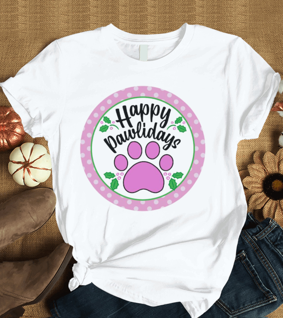 Happy Pawlidays Pink Paw Print With Holly Border Christmas T-Shirt
