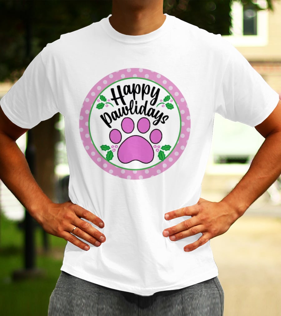Happy Pawlidays Pink Paw Print With Holly Border Christmas T-Shirt