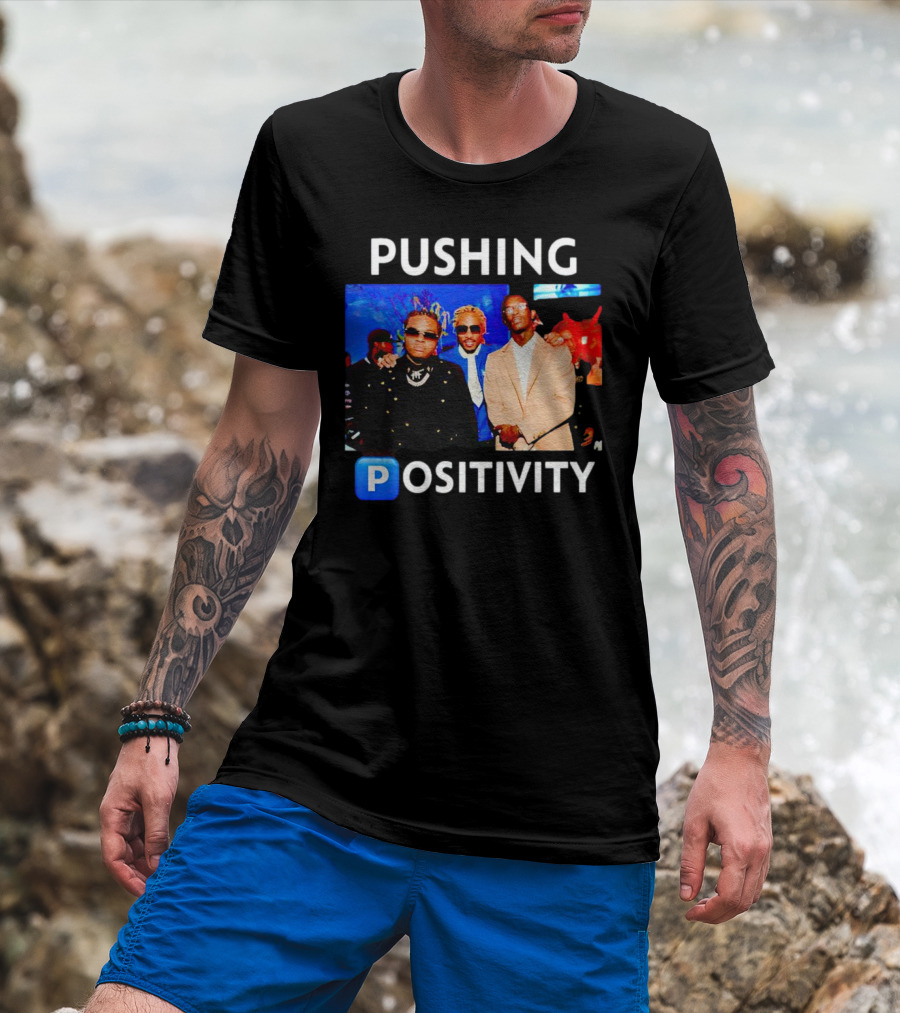 Pushing Positivity Iconic Trio With Blue Background T-Shirt