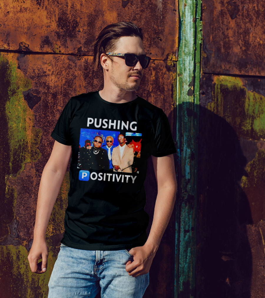Pushing Positivity Iconic Trio With Blue Background T-Shirt