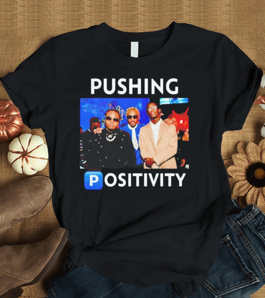 Pushing Positivity Iconic Trio With Blue Background T-Shirt