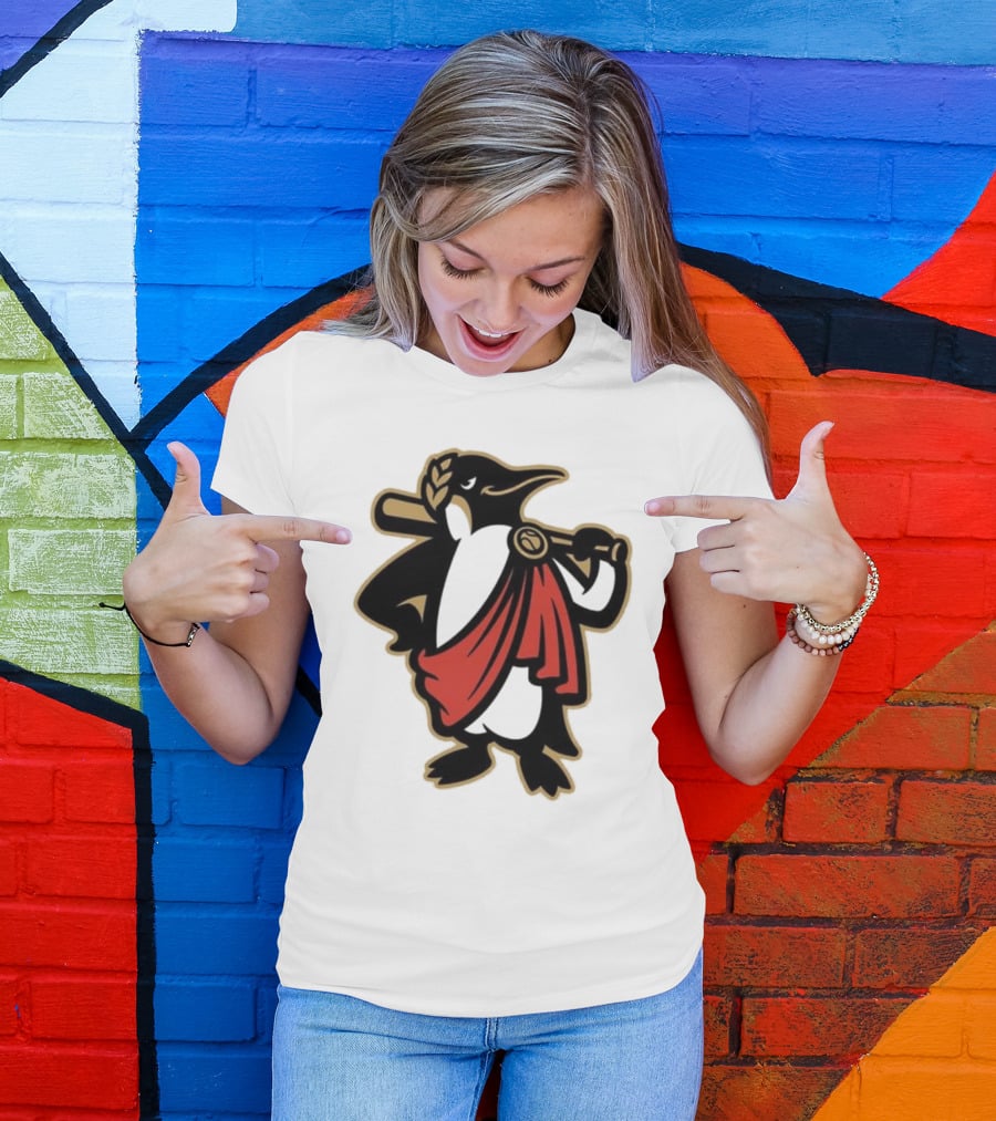 Rome Emperors Penguin In Red Toga With Baseball Bat And Laurel Wreath T-Shirt
