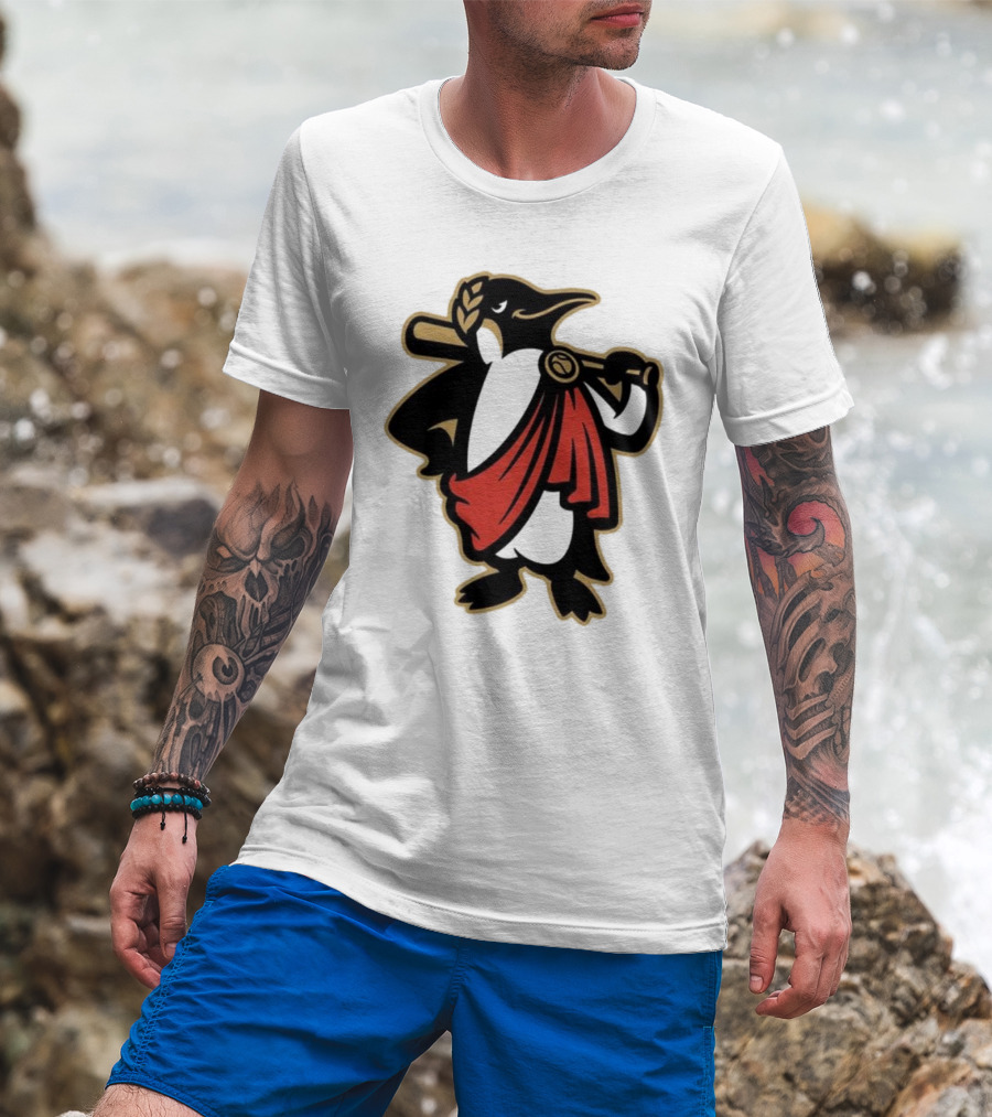 Rome Emperors Penguin In Red Toga With Baseball Bat And Laurel Wreath T-Shirt