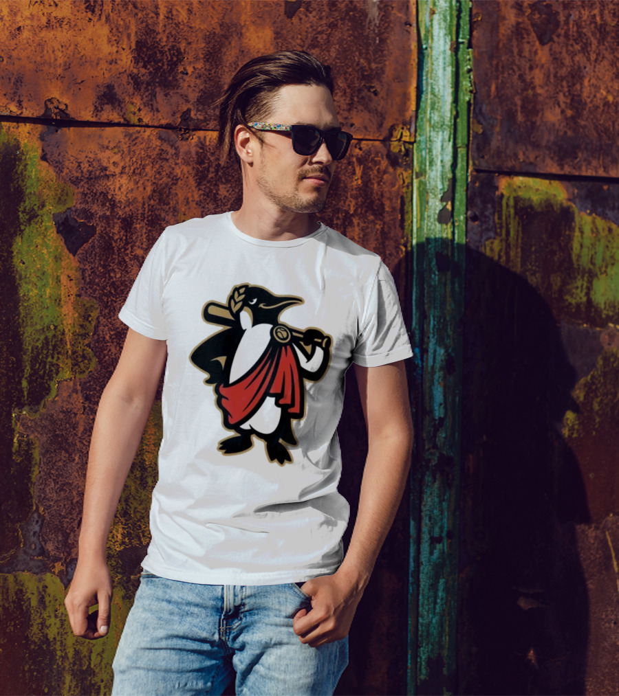Rome Emperors Penguin In Red Toga With Baseball Bat And Laurel Wreath T-Shirt
