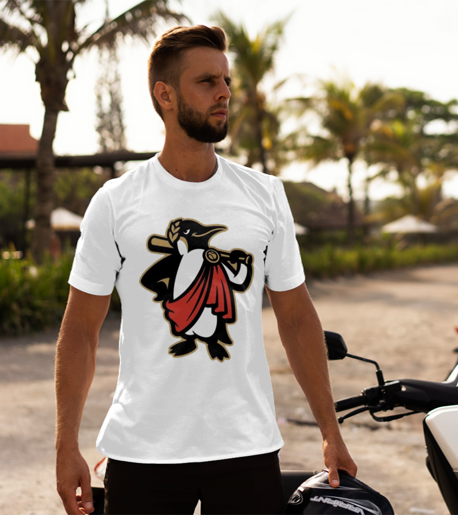 Rome Emperors Penguin In Red Toga With Baseball Bat And Laurel Wreath T-Shirt