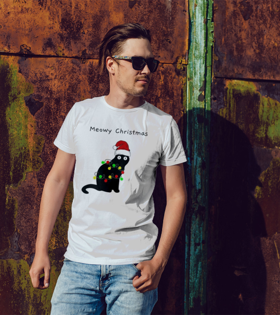 Meowy Christmas Santa Cat With Lights T-Shirt