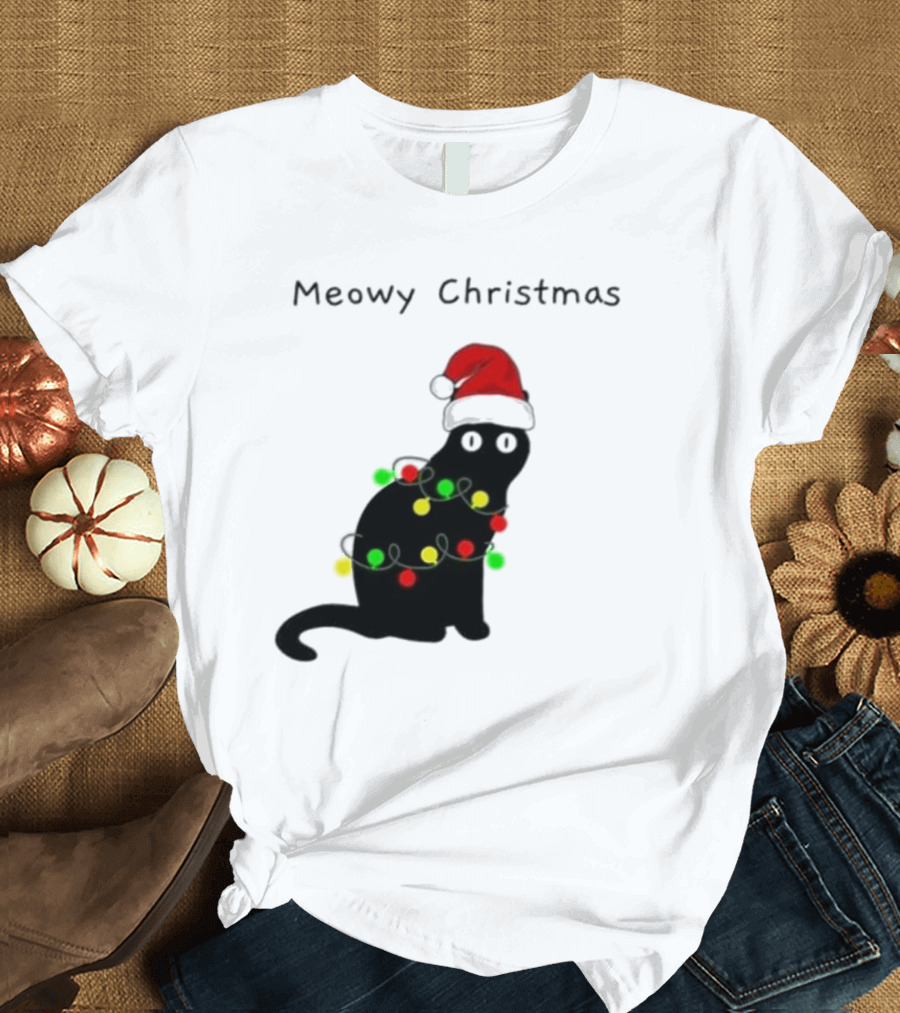 Meowy Christmas Santa Cat With Lights T-Shirt