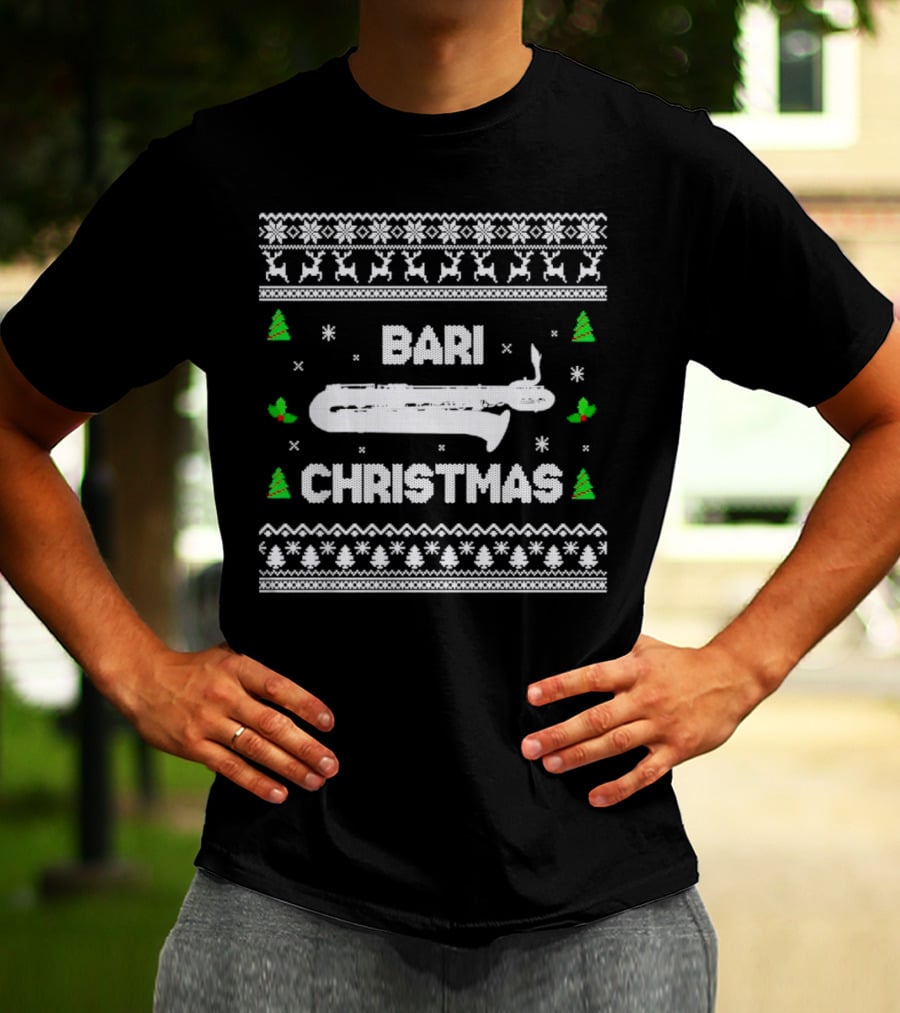 Bari Christmas Saxophone Ugly Sweater Reindeer Trees Snowflakes T-Shirt