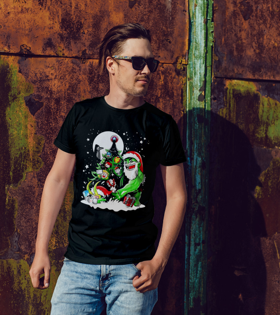 The Avengers Marvel Characters Christmas Tree With Hulk Santa And Superhero Ornaments T-Shirt