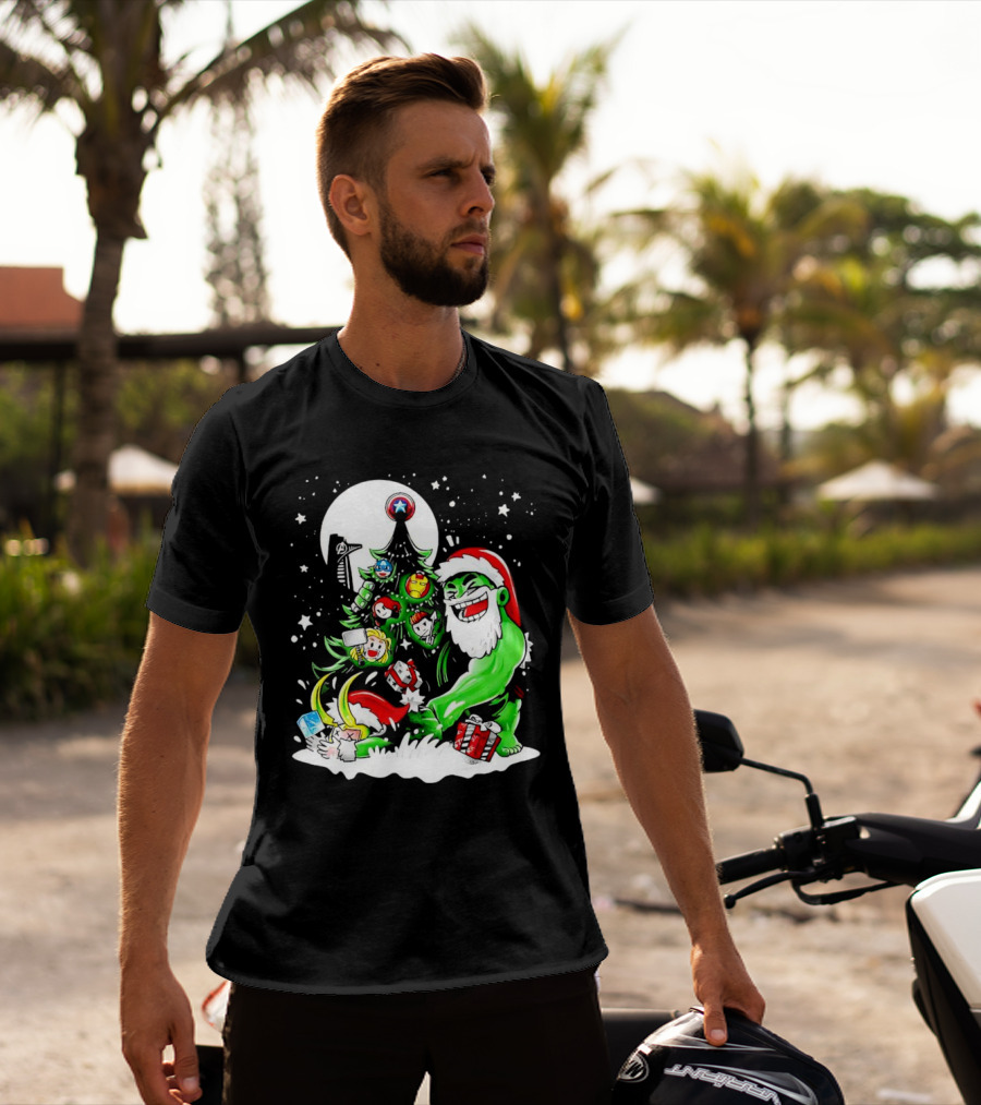 The Avengers Marvel Characters Christmas Tree With Hulk Santa And Superhero Ornaments T-Shirt