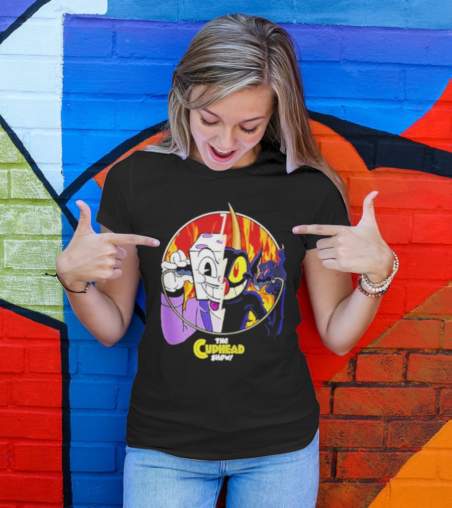 The Cuphead Show King Dice Devil Iconic Faces Fiery Background T-Shirt