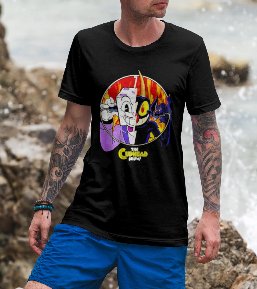 The Cuphead Show King Dice Devil Iconic Faces Fiery Background T-Shirt