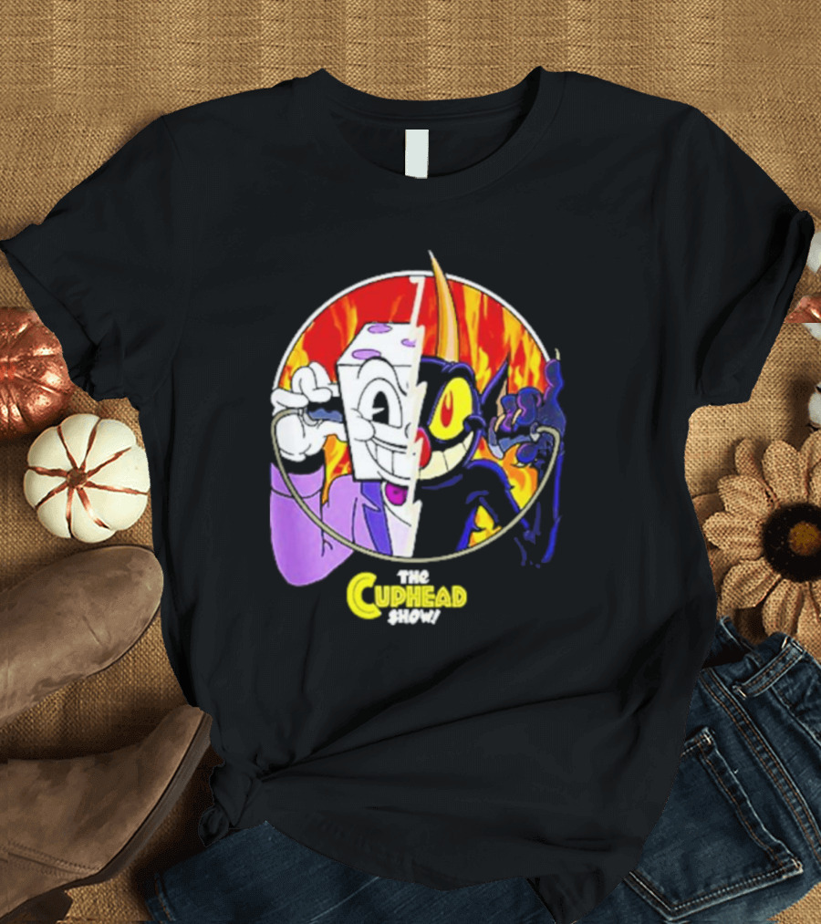 The Cuphead Show King Dice Devil Iconic Faces Fiery Background T-Shirt
