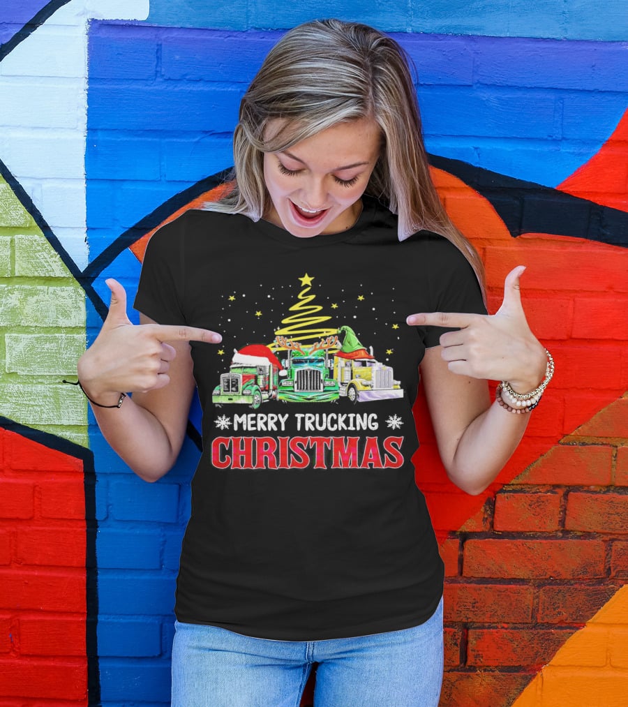 Merry Trucking Christmas With Festive Decorated Trucks And Starry Tree T-Shirt
