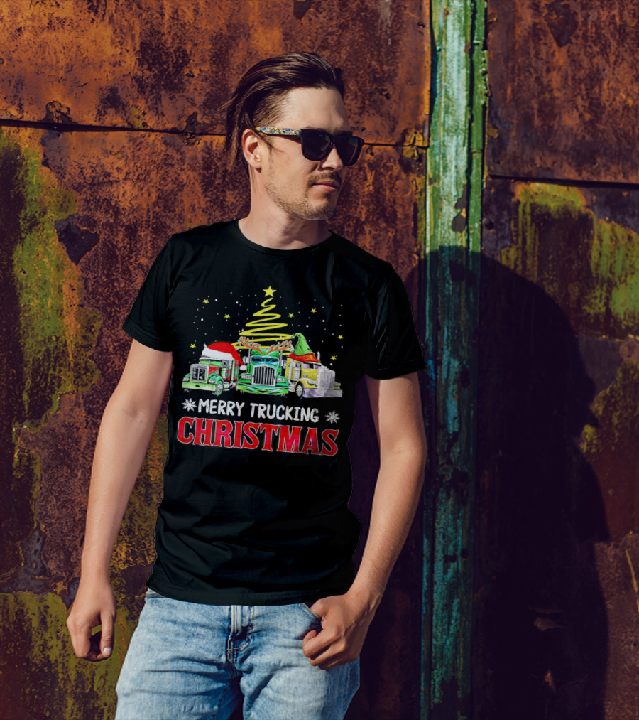 Merry Trucking Christmas With Festive Decorated Trucks And Starry Tree T-Shirt