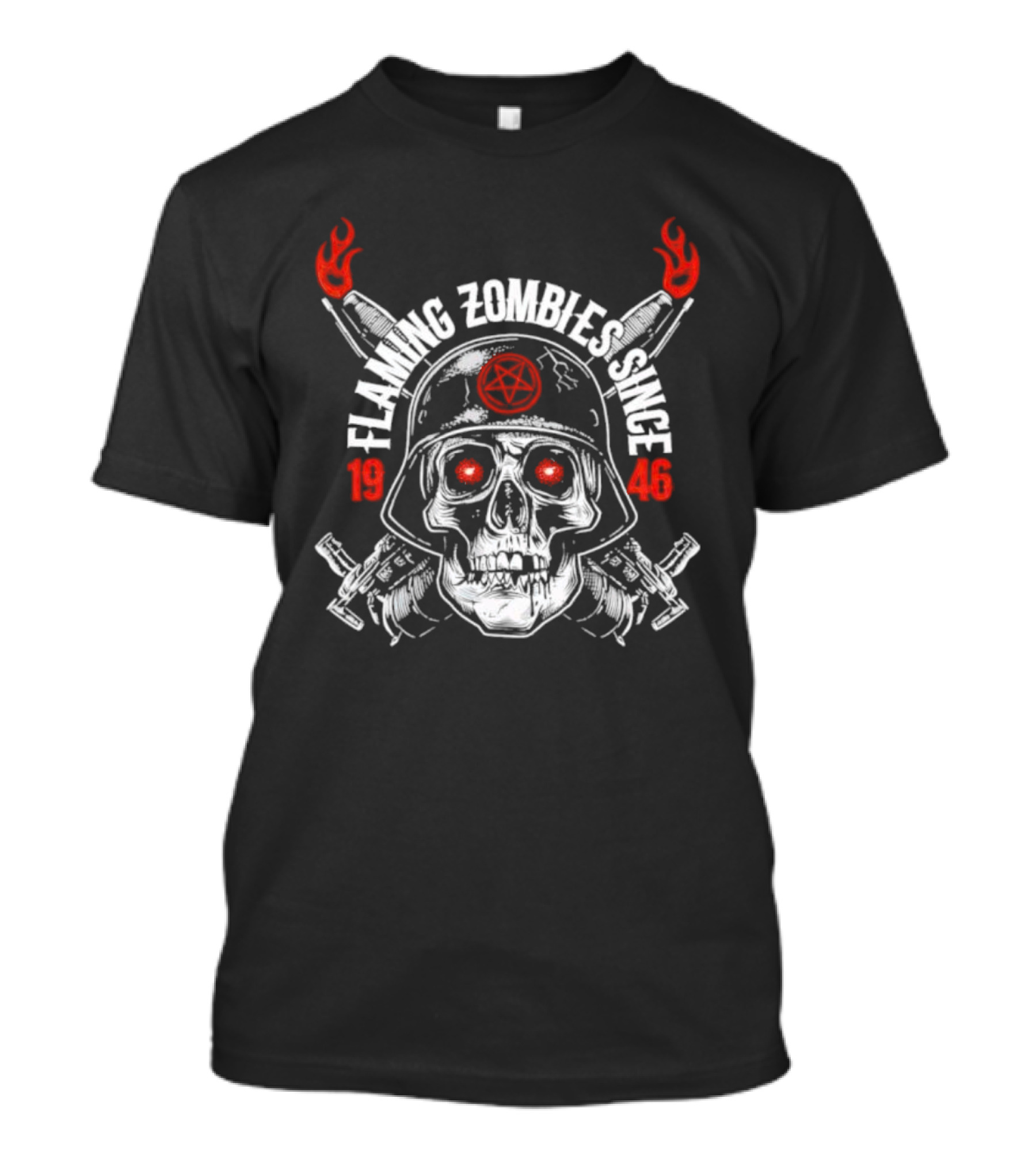 Flaming Zombies Since 1946 Skull With Flaming Bazookas And Pentagram Helmet T-Shirt