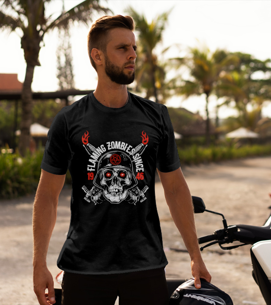 Flaming Zombies Since 1946 Skull With Flaming Bazookas And Pentagram Helmet T-Shirt