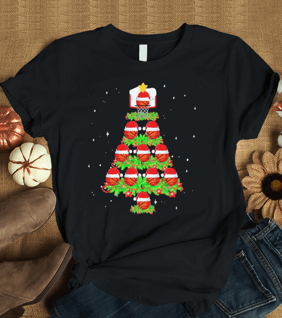 Basketball Hoops And Santa Hats Christmas Tree T-Shirt