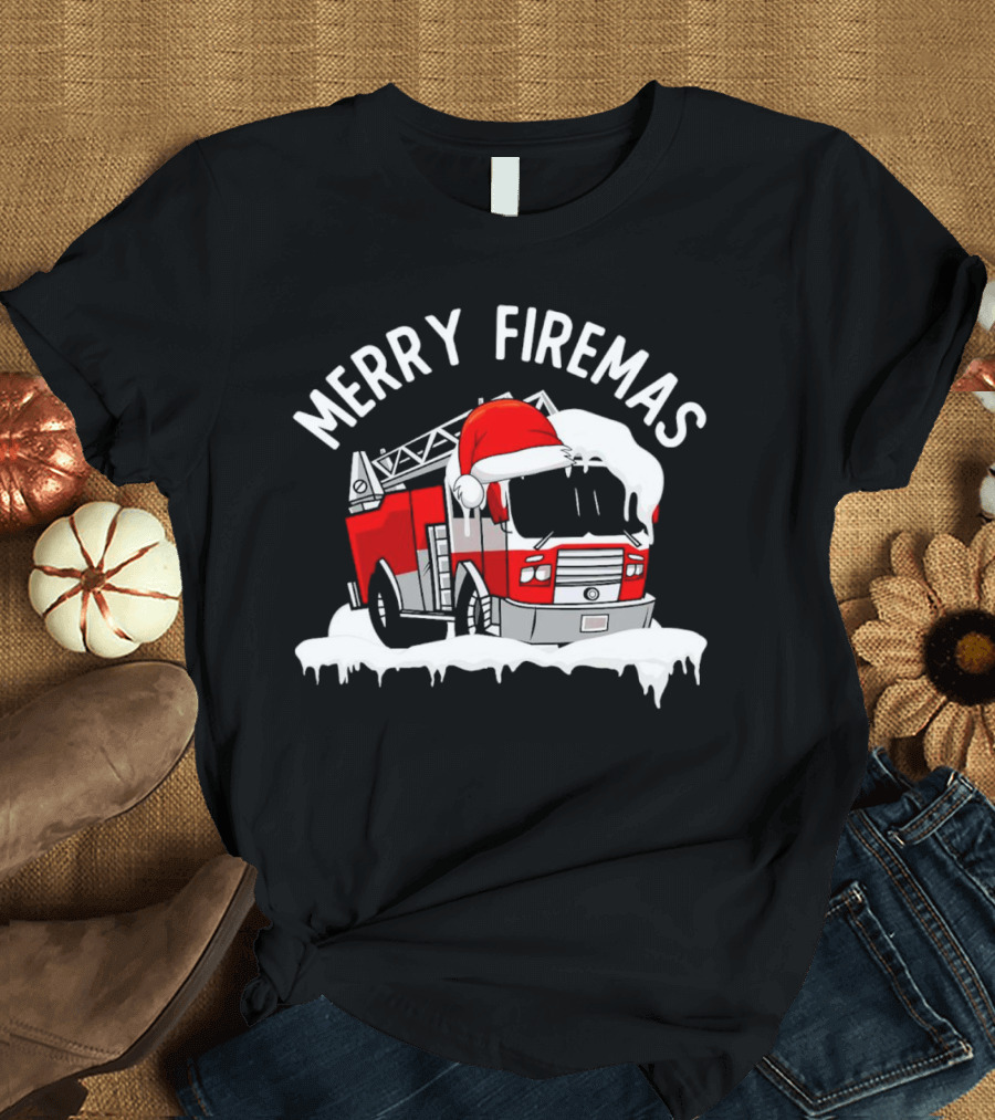 Merry Firemas Fire Truck Santa Hat Christmas T-Shirt