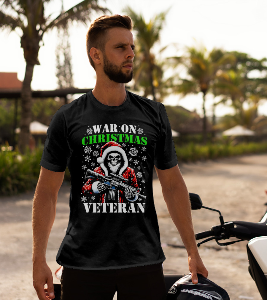 War On Christmas Veteran Skeleton Santa With Rifle Snowflakes T-Shirt