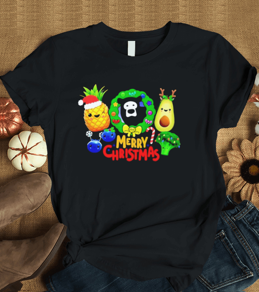 Hey Bear Sensory Merry Christmas Pineapple Avocado Broccoli Wreath T-Shirt