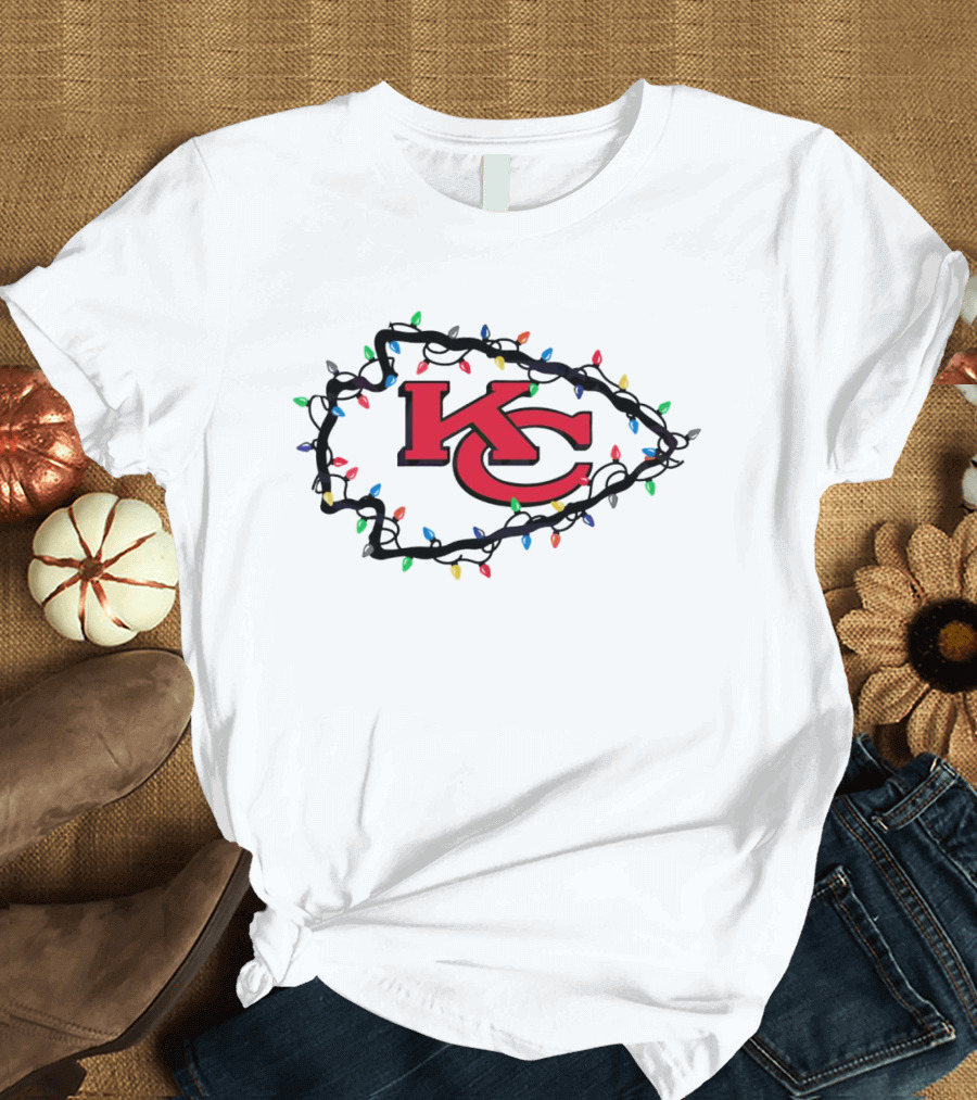 Kansas City Chiefs KC Logo Christmas Lights T-Shirt