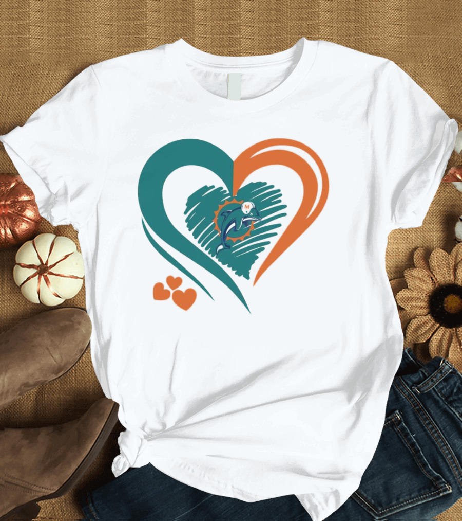 Miami Dolphins Heart Shape Emblem With Three Small Hearts T-Shirt